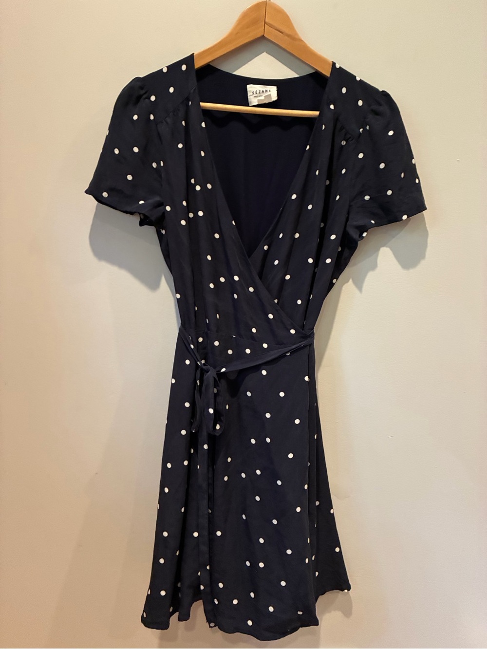 Sezane Silk Navy Polka Dot Wrap Dress